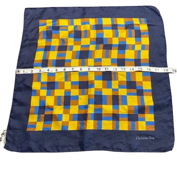 Auth Christian Dior Blue Yellow Geometric Silk Scarf - Picture 4 of 6